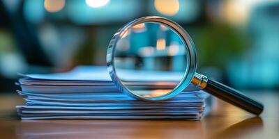 A magnifying glass is positioned over a stack of documents, highlighting their details. The background features a softly blurred office setting, creating a professional atmosphere photo