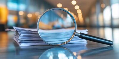 This image shows a closeup of a carefully arranged stack of papers examined with a magnifying glass, highlighting their intricate detailsperfect for themes of research and thorough documentation photo