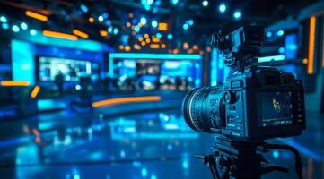 In a dynamic studio, a professional camera is paired with advanced lighting, multiple screens, and a modern design to ensure highquality production for diverse creative projects photo