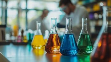 In a vibrant lab, a wellarranged table displays flasks with colorful liquids, capturing the excitement of scientific exploration and handson experimentation, creating a captivating learning space photo