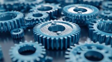 The blue metal gears symbolize teamwork, precision, and the dynamic nature of machinery, highlighting collaborations role in efficiently achieving shared goals for successful outcomes photo
