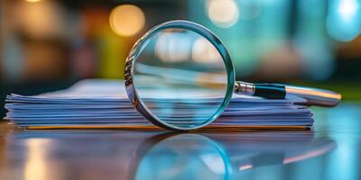A magnifying glass on a stack of documents underscores the need for detailed examination, enhancing clarity for effective study and review in educational or professional environments photo