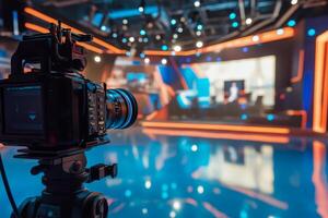 In a contemporary television studio, you can find a sleek and advanced camera that stands out among the modern lighting and design elements, reflecting the evolution of media production photo