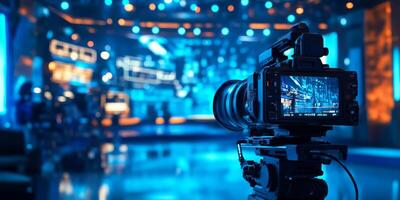A highquality camera captures vibrant scenes in a modern television studio filled with colorful lights and a dynamic atmosphere photo