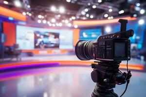 In a dynamic studio, a highquality camera on a sturdy tripod is surrounded by advanced technology and lighting, ensuring optimal performance and exceptional footage quality for any production photo