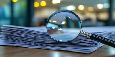 This closeup image shows a magnifying glass over a neatly organized stack of documents, highlighting intricate details against a softly blurred background, evoking thorough examination and analysis photo