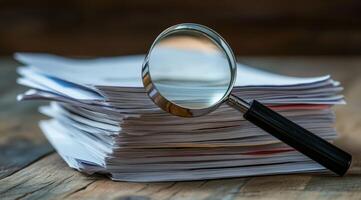 A neatly arranged stack of various documents is positioned on a sturdy wooden surface. Nearby, a magnifying glass emphasizes the importance of examining details with great care and attention photo