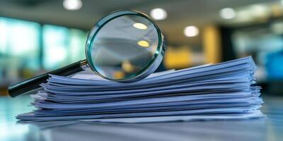 A stack of essential documents under a magnifying glass emphasizes the need for careful examination in office and research settings for accuracy and reliability, crucial for effective operations photo