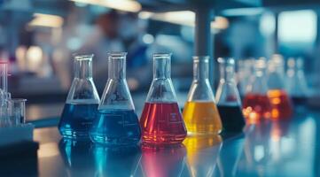 A vibrant row of chemical flasks filled with colorful liquids showcases the essence of scientific exploration in a modern lab, emphasizing the art of science and experimentation today photo