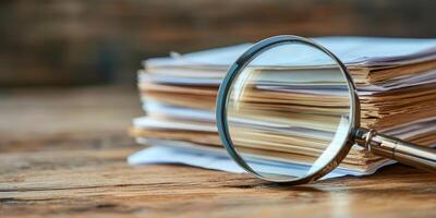 This image shows a detailed view of a stack of important documents being examined with a magnifying glass, highlighting the careful review of essential paperwork in a professional setting photo