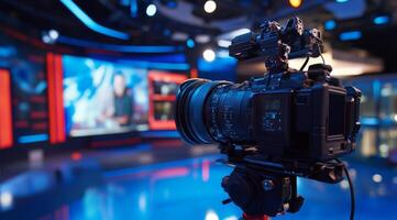 In a bustling studio, a cuttingedge camera is positioned to highlight advanced technology and dynamic lighting for highquality broadcasts and seamless streaming experiences photo