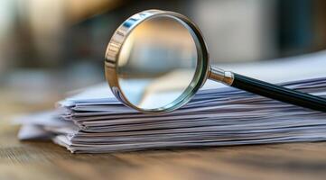 A magnifying glass sits on a large stack of documents, highlighting the importance of detail, thorough examination, and meticulous review in all types of paperwork and documentation photo