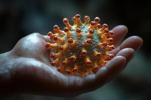 A detailed model of a virus, carefully held in a hand, showcasing its intricate features in a beautiful way photo