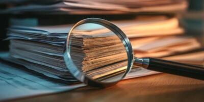 A magnifying glass on an organized stack of documents highlights the need for thorough examination in research and analysis, which demand meticulous attention to detail and accuracy photo