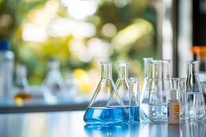 A collection of laboratory glassware filled with vibrant blue liquids is arranged against a blurred background, creating an inspiring atmosphere for scientific exploration and discovery photo