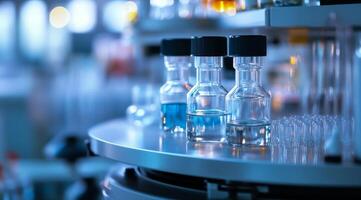 A vibrant image displays colorful laboratory vials on a rotating table in a modern lab, highlighting the importance of scientific research, careful experimentation, and thorough analysis photo