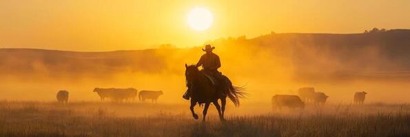 A solitary cowboy rides on horseback to skillfully guide a large herd of cattle, all set against the breathtaking backdrop of a stunning sunrise that paints the sky with warm colors photo
