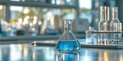 In a lively lab, a large table showcases a flask of vivid blue liquid surrounded by glassware, highlighting a workspace dedicated to scientific innovation and exploration of new ideas and experiments photo
