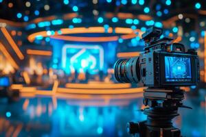 A highend camera is strategically placed in a vibrant television studio, showcasing a dynamic production environment with colorful lights and intricate stage setups, ideal for quality filming photo