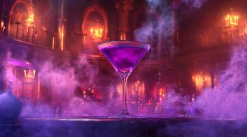 An absolutely captivating purple cocktail elegantly presented, surrounded by enchanting fog, showcasing the mesmerizing effects of liquid nitrogen in a sophisticated and luxurious setting photo