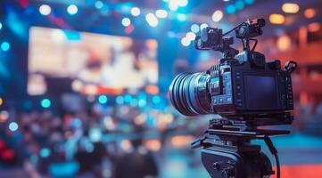 In a vibrant television studio, a professional camera is set up to capture the thrilling events dynamic atmosphere, with colorful lighting effects and an engaged audience in the background photo