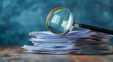 A closeup view of important documents under a magnifying glass, symbolizing careful analysis and thorough examination of vital information in a professional workspace for informed decisionmaking photo
