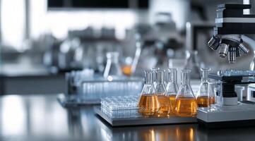 A contemporary laboratory table is fully equipped with a range of glassware, such as flasks, beakers, and a microscope, all vividly showcasing an active scientific research environment photo