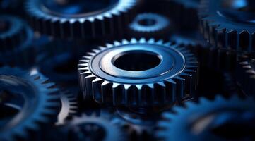 A closeup of interlocked blue metal gears symbolizes teamwork and precision in machinery, showcasing remarkable engineering excellence through its intricate design and craftsmanship photo