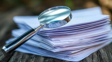 A closeup view of a neatly organized stack of important papers with a magnifying glass on top, highlighting a focus on thorough analysis and detailed investigation of each document photo