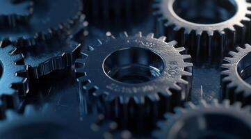 This striking image of interlocked blue metal gears serves as a powerful symbol of teamwork, collaboration, and precision, which are essential and integral elements found in machinery and engineering photo