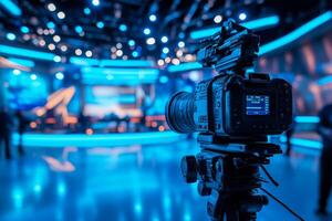 A professional camera is placed in front of a vibrant studio backdrop, enhanced by dynamic lighting that elevates the scenes atmosphere, creating an engaging visual experience for viewers photo