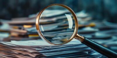 This image features a closeup of a neatly organized stack of important documents under a magnifying glass, emphasizing the importance of detail and careful analysis in various fields photo