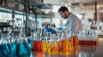 A vibrant laboratory setting showcasing various colored beakers filled with liquids, with a scientist working in the background photo