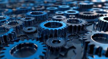 A detailed closeup view of various interconnected blue metal gears is presented, showcasing the critical synergy between machinery and teamwork that is present in sophisticated mechanical systems photo