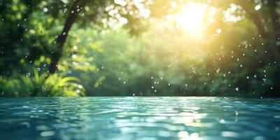 A tranquil scene shows shimmering water with delicate raindrops, surrounded by lush plants and greenery, all bathed in warm sunlight, creating a peaceful ambiance ideal for relaxation photo