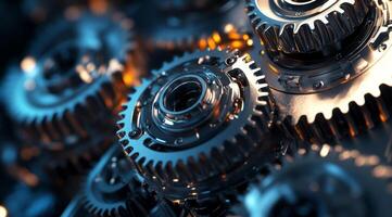 Closeup of interlocked blue metal gears symbolizes teamwork and precision in engineering, highlighting each gears vital role for machinerys effective functioning and optimal performance photo