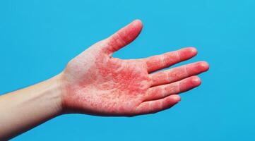 This closeup shows a male hand with painful red blisters and a rash, possibly due to a viral infection or an allergic reaction, beautifully contrasted against a solid blue background photo