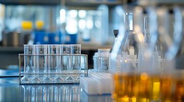 A wellorganized lab table showcases essential glassware like test tubes, beakers, and flasks, emphasizing the importance of a clean workspace for effective scientific research and experimentation photo