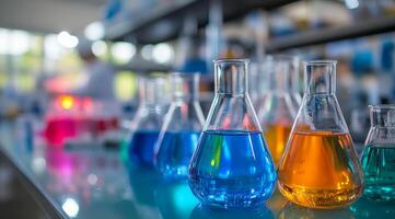 A vibrant display of laboratory glassware filled with colorful liquids is on a lab table, with an active lab environment in the background, showcasing essential scientific equipment for experiments photo