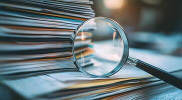 Documents placed under a magnifying glass serve as a representation of the meticulous examination and thorough scrutiny that are essential components of rigorous research and detailed analysis photo