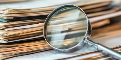 A closeup of stacked documents examined with a magnifying glass, highlighting the importance of attention to detail and thorough scrutiny in effective record keeping and analysis photo