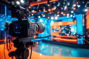 In a lively and colorful TV studio, a professional camera sits poised and ready to capture the vibrant atmosphere, equipped for live broadcasting and a range of multimedia production activities photo