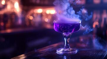This captivating purple cocktail features mesmerizing fog effects, making it perfect for a night out with friends. Its striking presentation and chill make it sure to impress everyone photo