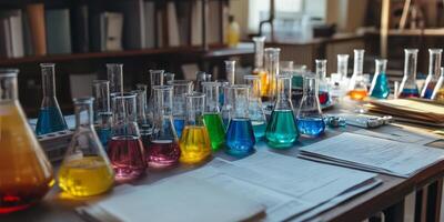 A vibrant and captivating array of laboratory flasks and beakers, each filled with a variety of colorful liquids, is scattered across a wooden table that holds numerous papers and scientific tools photo