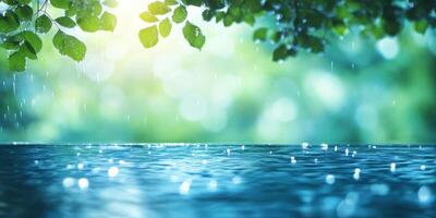 This serene scene features vibrant plants beside a tranquil water surface, enhanced by gentle raindrops, all set against a dreamy, blurred natural background that evokes calmness and peace photo