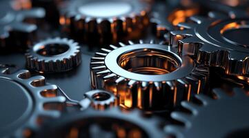 This is an upclose view of a complex arrangement of interlocked blue metal gears, highlighting the sophisticated design and collaborative efforts inherent in the realms of machinery and engineering photo