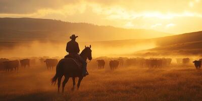 A skilled cowboy rides his majestic horse, guiding a herd of cattle through golden fields at sunset, with rolling hills in the background, capturing the essence of the timeless West photo