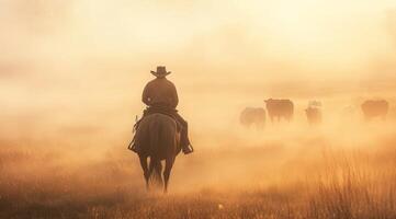 A skilled cowboy, riding gracefully on horseback, expertly guides a large herd of cattle through a peaceful and misty landscape, illuminated by the soft light of dawn, creating a serene atmosphere photo