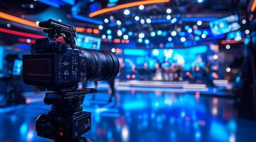 In a vibrant television studio setting, a professional camera is strategically positioned and surrounded by colorful lighting, expertly capturing dynamic and engaging content for broadcasting photo