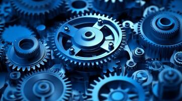 A detailed view of interlocking blue metal gears showcases the precision, intricate design, and teamwork involved in various machinery and engineering processes across multiple systems and industries photo